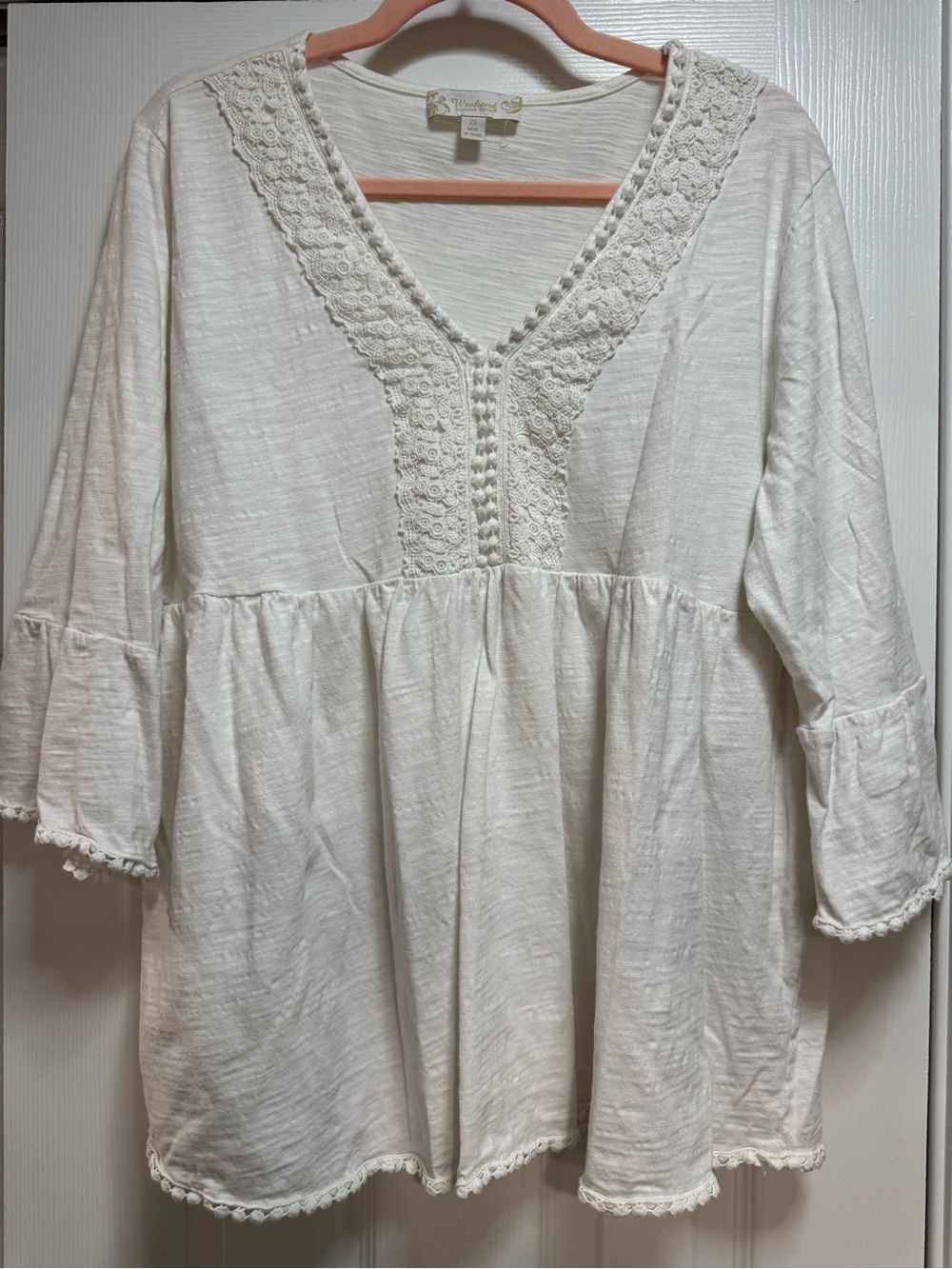 Suzanne Betro White Crochet Trim Peasant Tunic